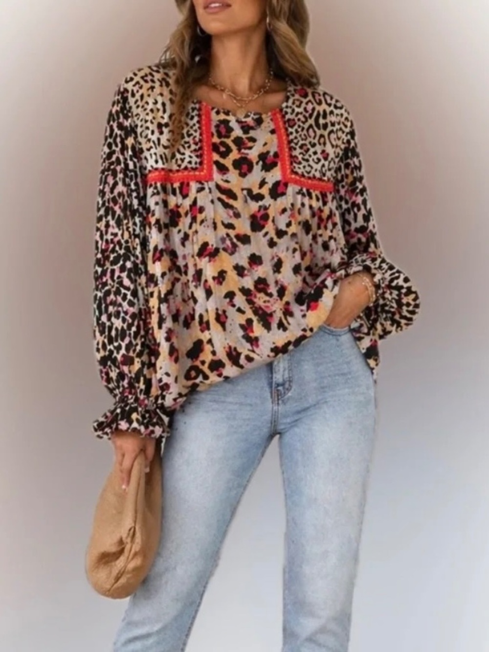 Anthropologie Blank London Mixed Leopard Print Joelle Blouse XS Relaxed Flowy